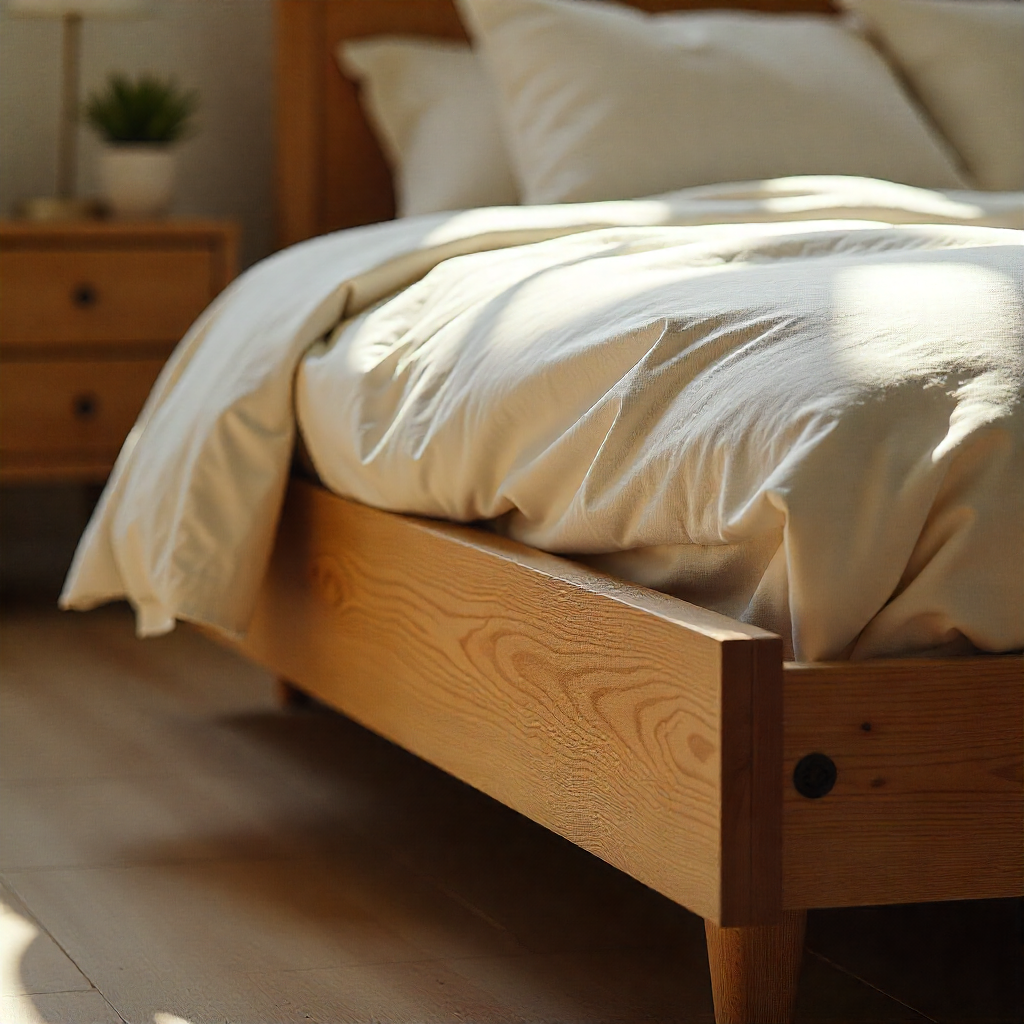 Handgjord sängram i mörkbetsat trä